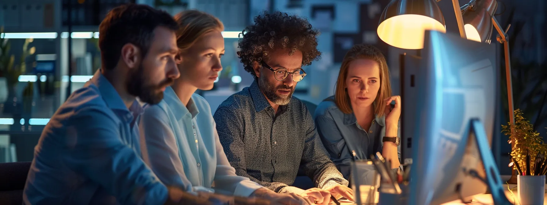 Four employees discuss the best proposal software while sharing a desk